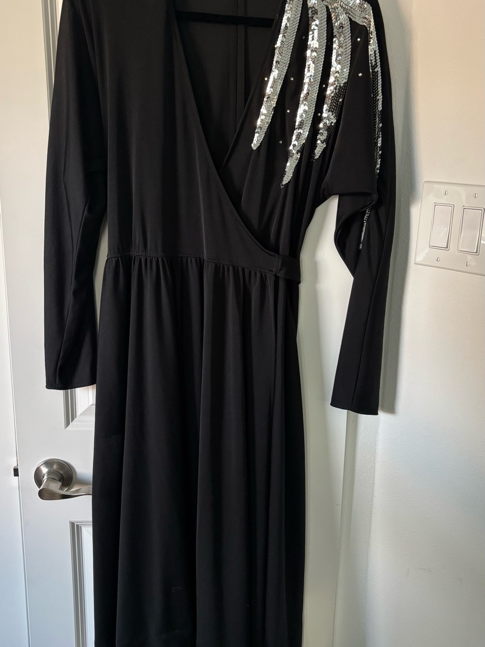 Vintage Black Sequin-Embellished Wrap Midi Dress